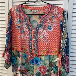 John Mark Floral Bohemian Embroidered Y-Neck 3/4 Sleeve A-Line Midi Dress PM